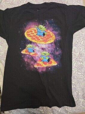 Alien Pizza Graphic Tee - Black with Neon Green & Orange Print